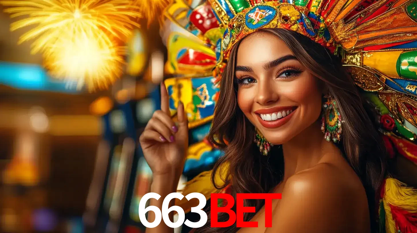 Mulher sorridente com um cocar de carnaval vibrante e colorido, celebrando uma grande vitória nos jogos do cassino 663bet com fogos de artifício ao fundo.