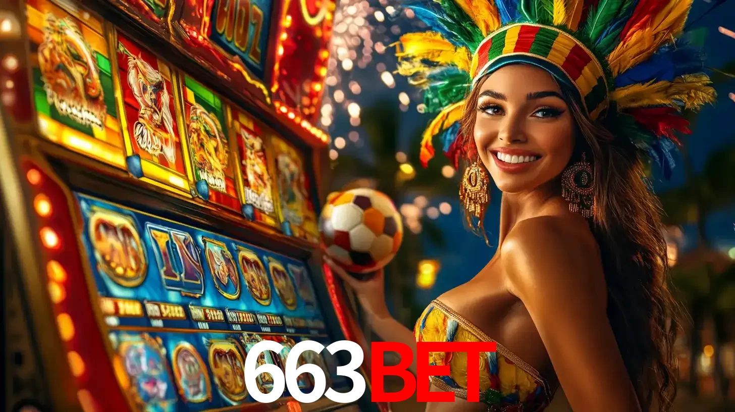 Mulher com um cocar de carnaval ao lado de uma máquina de caça-níqueis enquanto segura uma bola de futebol, mostrando a união da diversão de cassino e esportes no 663bet.