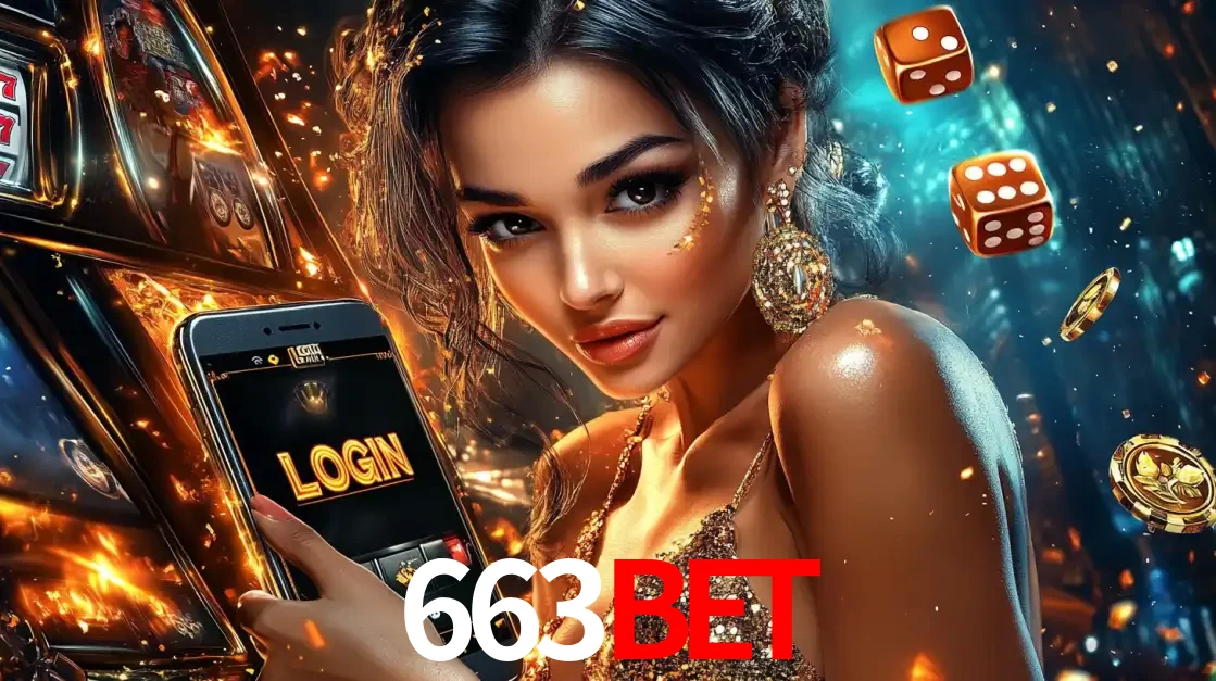 Mulher glamourosa segurando um celular com a tela de login do cassino 663bet, rodeada por dados e moedas douradas, pronta para começar a diversão.