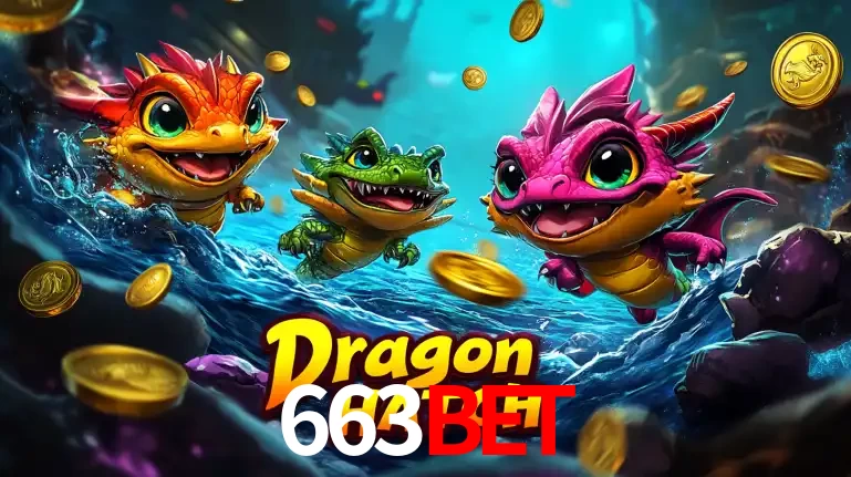 Arte promocional do jogo Dragon Hatch com três adoráveis dragões bebês nadando entre moedas de ouro, um dos slots mais divertidos para jogar no cassino 663bet.