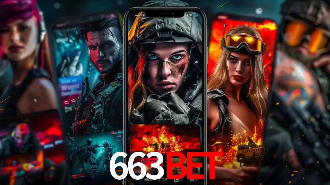 Montagem de telas de celular mostrando diversos personagens, masculinos e femininos, de um jogo de tiro, ilustrando a diversidade de equipes de e-sports para apostar no 663bet.