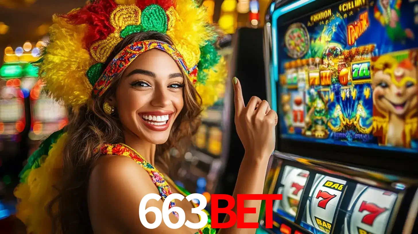 Mulher animada com um cocar de carnaval apontando para uma máquina de caça-níqueis, mostrando a emoção de ganhar um grande prêmio nos jogos do 663bet.