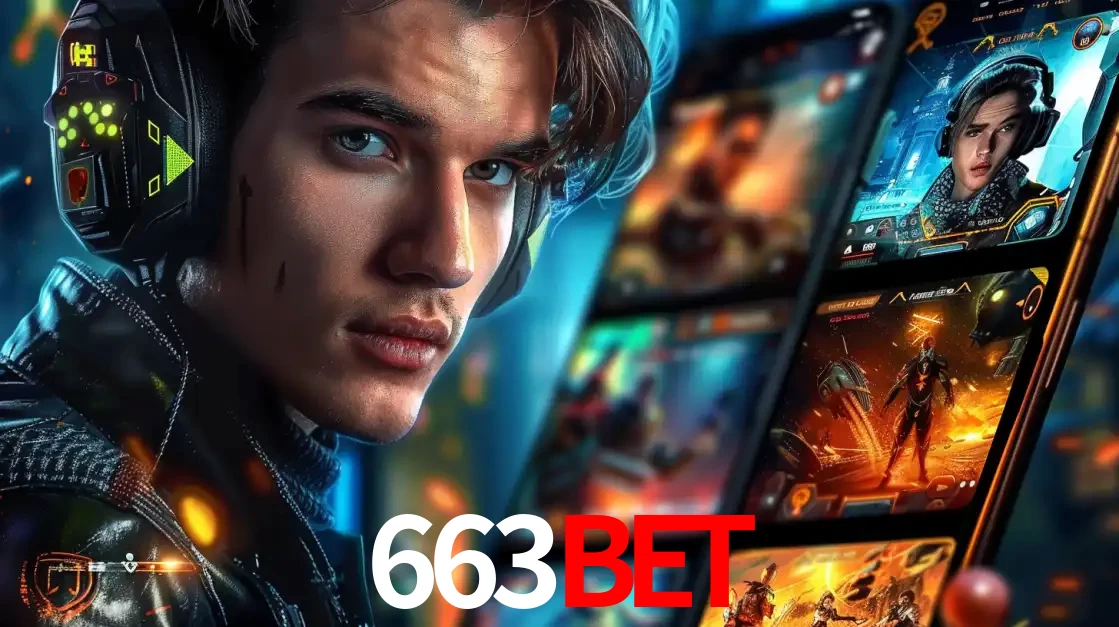 Jovem jogador com fones de ouvido olhando para a câmera, com um aplicativo de jogos e e-sports para celular ao fundo, pronto para a competição e apostas no 663bet.