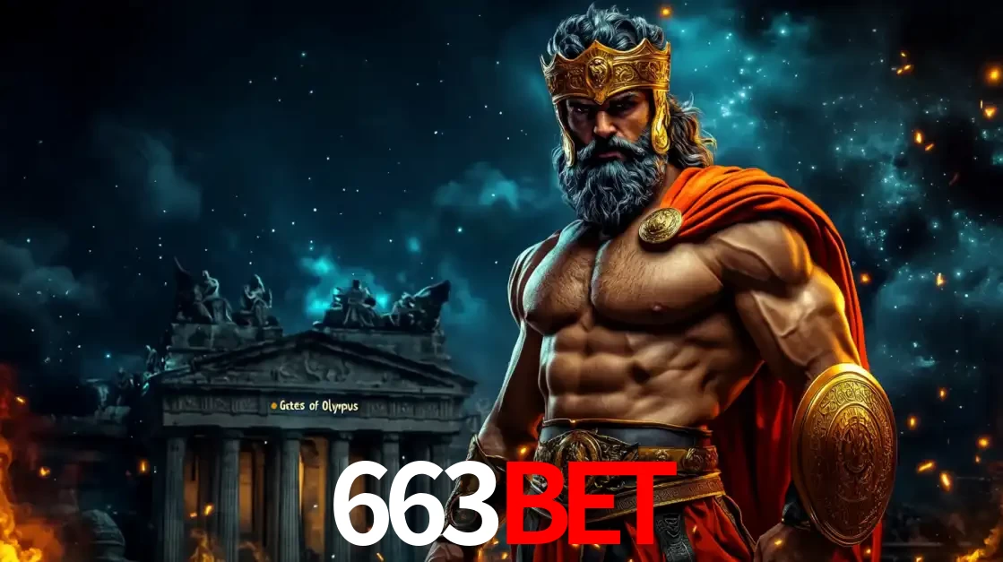 O poderoso Zeus do jogo de slot Gates of Olympus em frente ao seu templo, pronto para lançar multiplicadores divinos e prêmios épicos no cassino online 663bet.