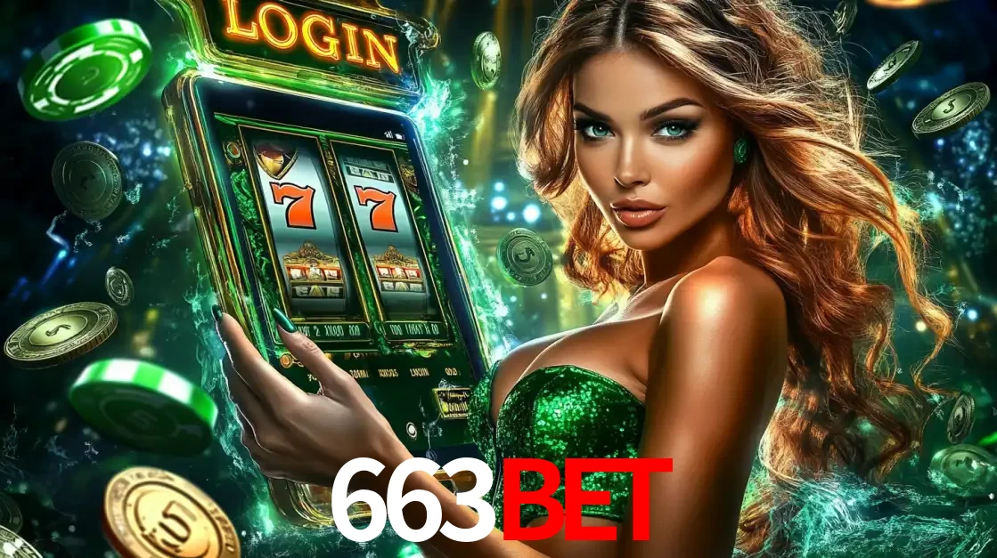 Mulher com tema verde apresentando o aplicativo do cassino 663bet com um jogo de slot de 777, cercada por fichas de cassino e uma aura de sorte.