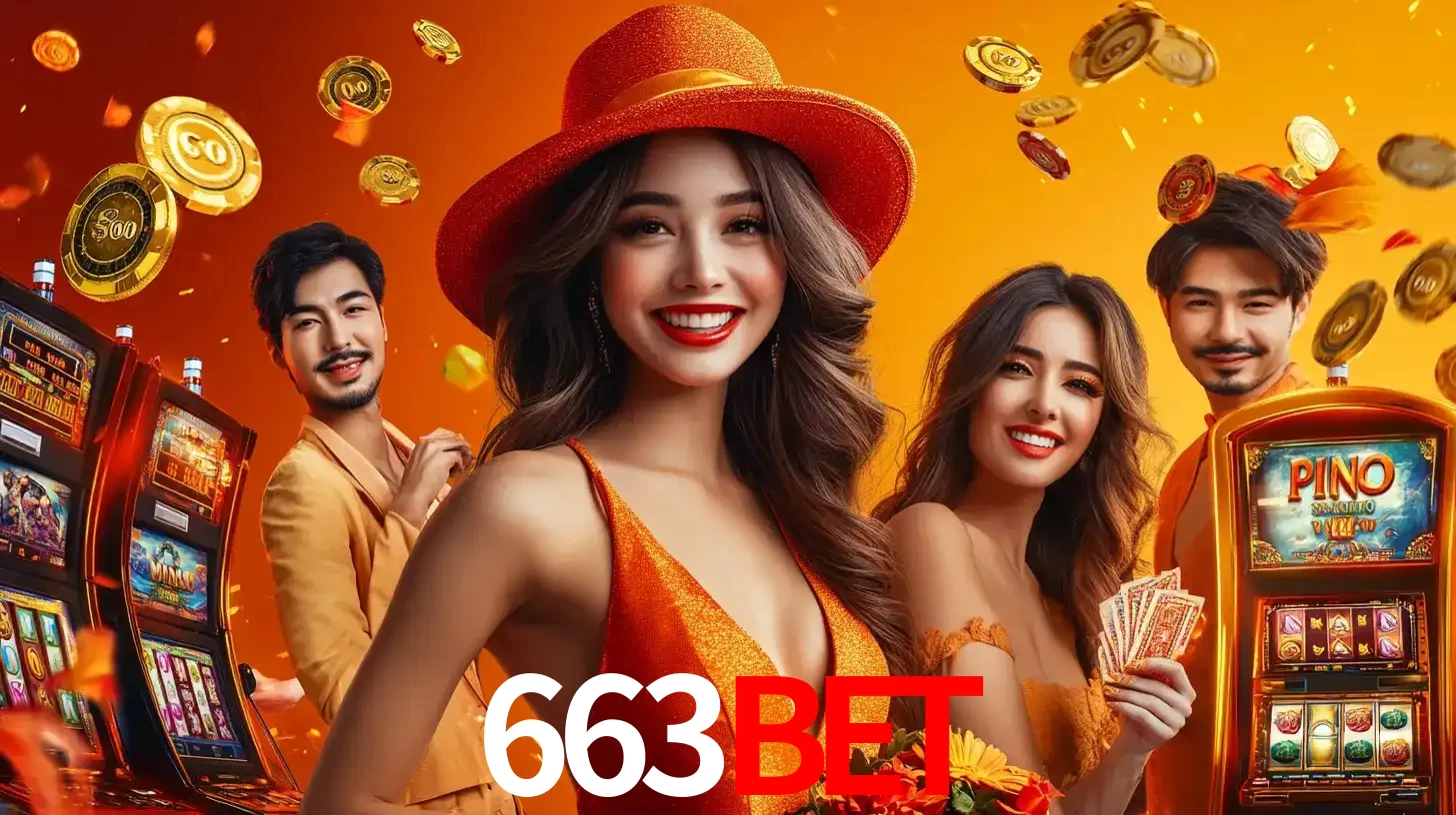 Grupo de amigos asiáticos sorrindo e se divertindo com máquinas de caça-níqueis em um ambiente festivo, celebrando suas vitórias nos jogos de cassino do 663bet.