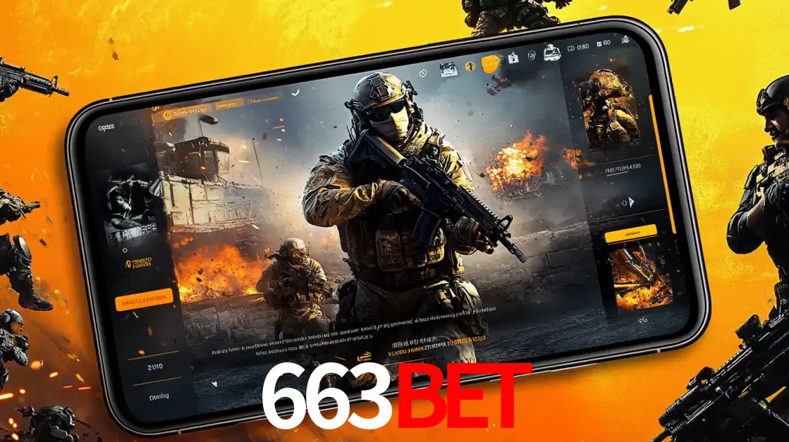 Um smartphone exibindo a interface de um jogo de tiro em primeira pessoa, com um soldado em um cenário de batalha, representando a ação dos e-sports para apostar no 663bet.
