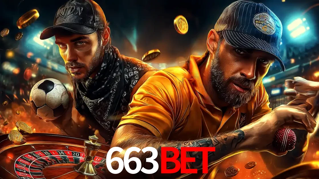 Montagem de apostas esportivas e cassino no 663bet, com um homem segurando uma bola de futebol e outro uma de beisebol sobre uma roleta e moedas voadoras.