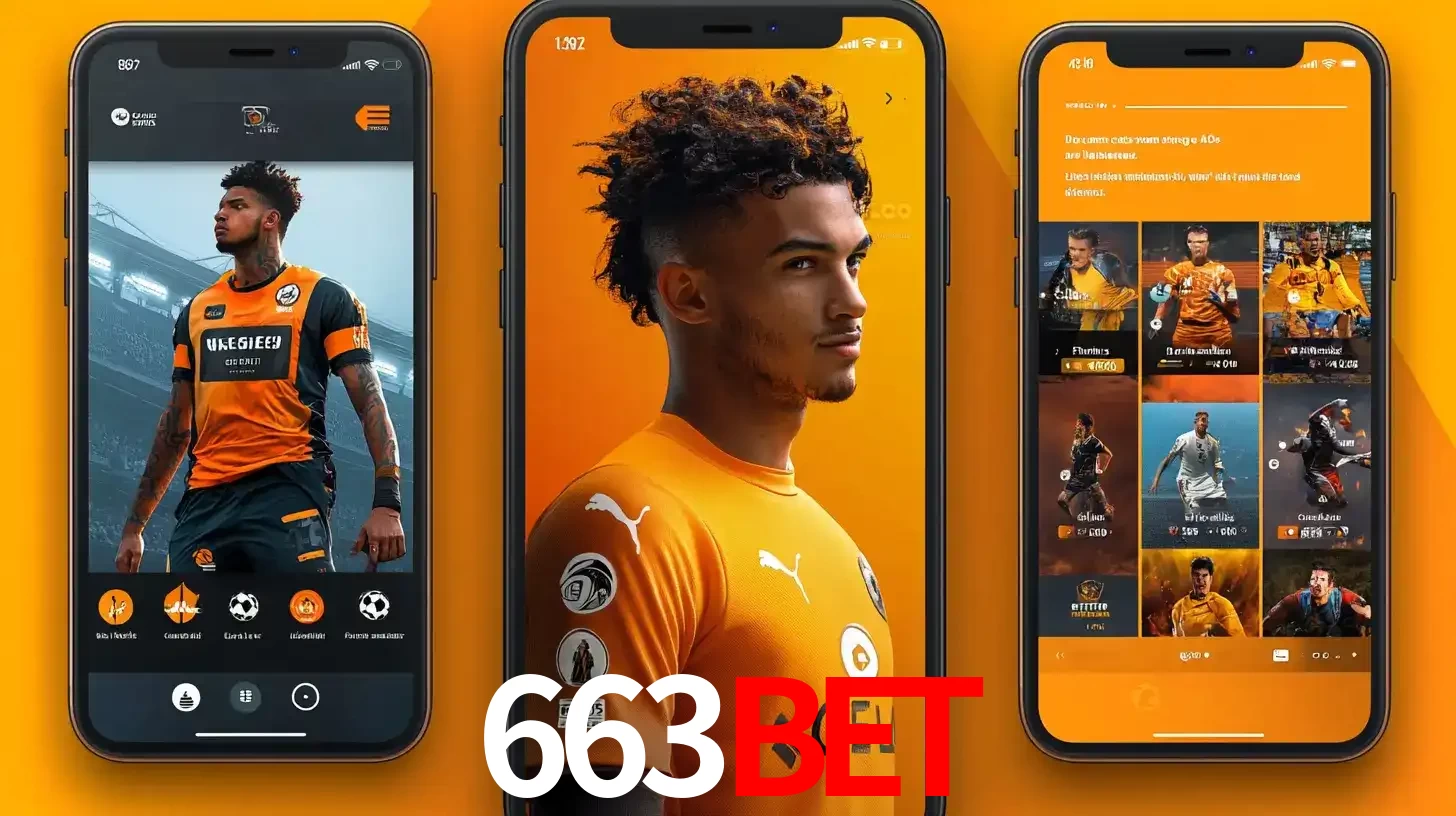 Interface do aplicativo de apostas esportivas 663bet em três telas de celular, mostrando o perfil de um jogador de futebol e a lista de jogos disponíveis para apostar.