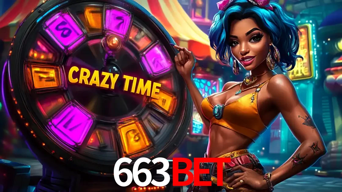 Mulher estilizada com cabelo azul e visual vibrante posando ao lado da roda de prêmios do game show Crazy Time, convidando para a diversão e os bônus do cassino 663bet.