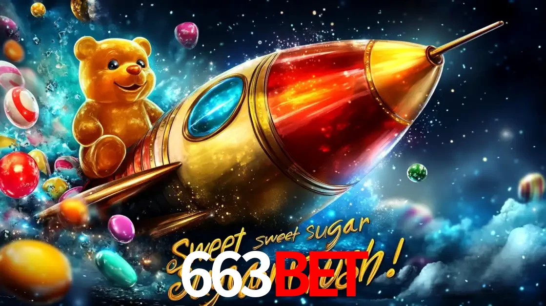 Arte promocional do jogo de slot Sugar Rush, com um urso de pelúcia em um foguete viajando pelo espaço de doces, um dos jogos divertidos disponíveis no cassino 663bet.