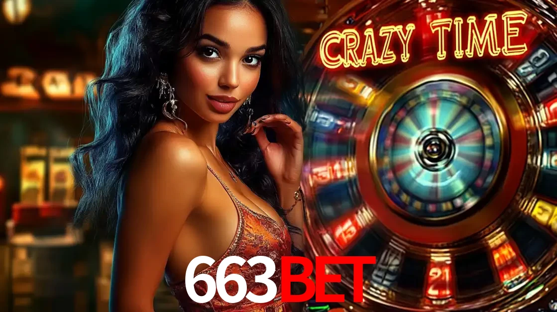 Mulher elegante ao lado da vibrante roda da fortuna do jogo de cassino ao vivo Crazy Time, um dos game shows mais populares e cheios de prêmios do 663bet.