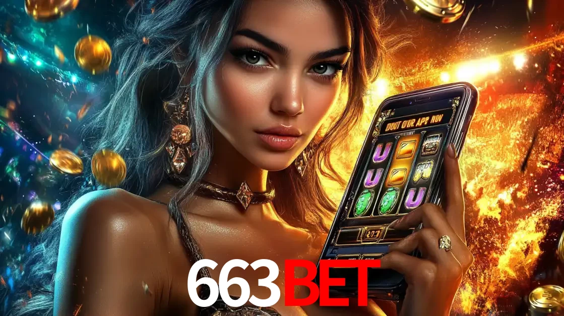 Mulher elegante mostrando um jogo de caça-níqueis em seu smartphone, destacando a experiência de cassino móvel oferecida pelo aplicativo 663bet.
