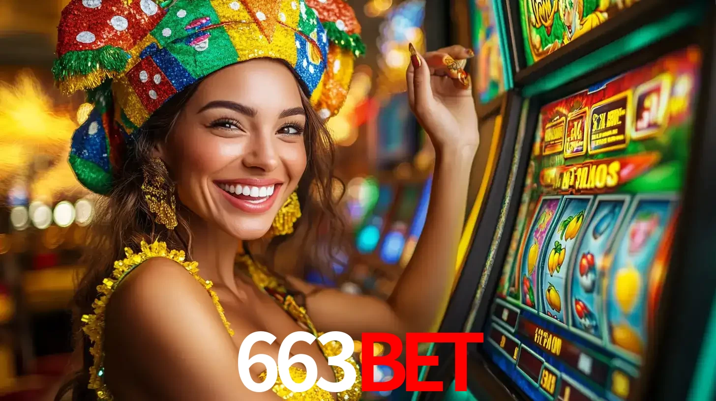 Mulher feliz com traje de carnaval amarelo e colorido ao lado de uma máquina de caça-níqueis, aproveitando a diversão e os jogos temáticos do cassino 663bet.