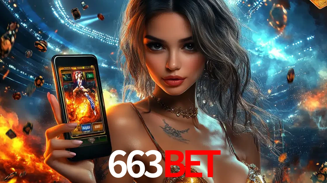 Mulher segurando um celular com um jogo de slot em destaque, tendo como fundo um estádio vibrante, simbolizando a emoção de jogar no cassino móvel 663bet.